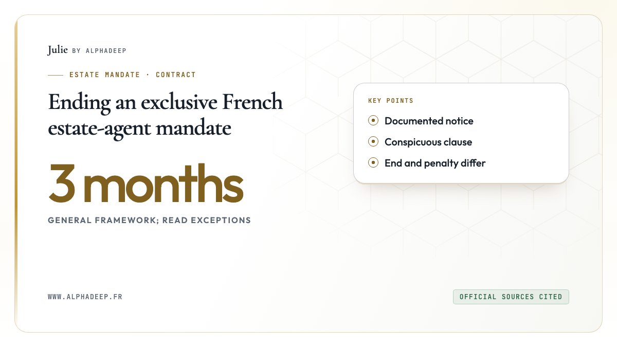 Ending an exclusive French estate-agent mandate: Documented notice, Conspicuous clause, End and penalty differ