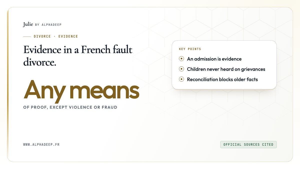 Summary card: proof by any means, evidence obtained by violence or fraud excluded, children never heard.