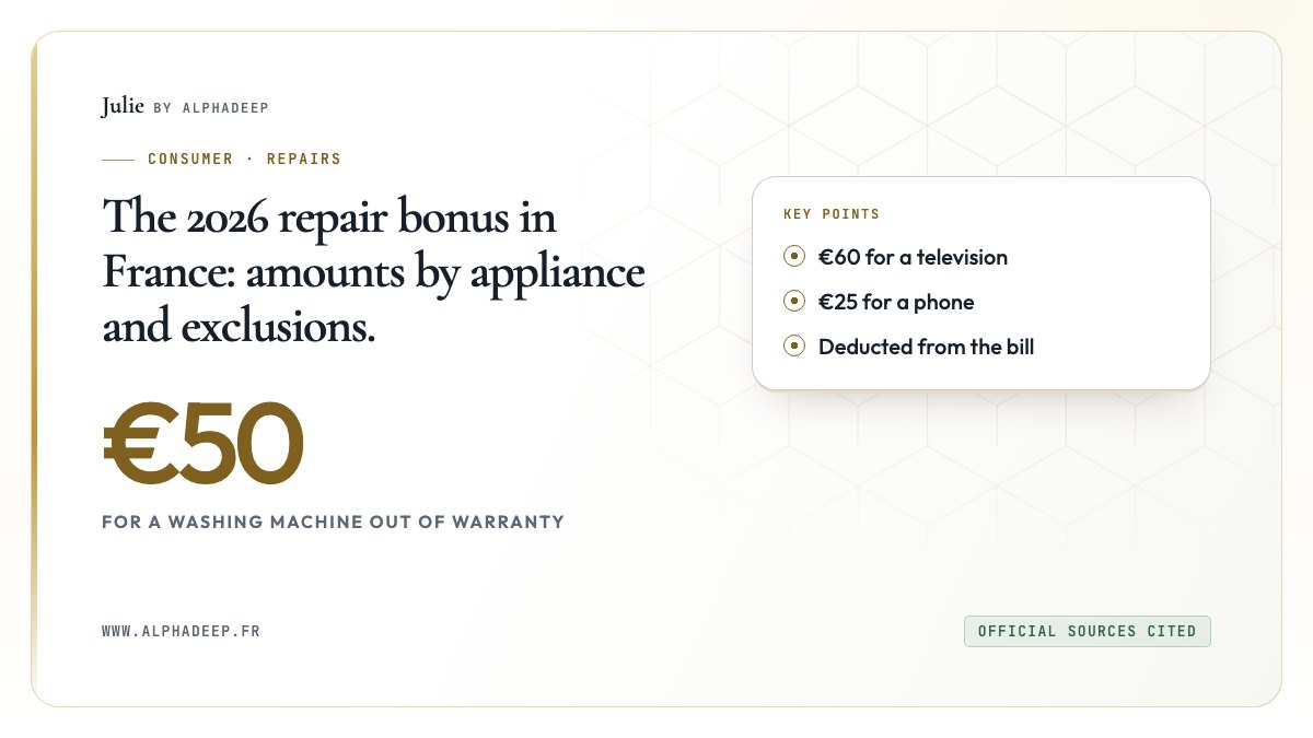 Diagram: a repair bonus of €15 to €60 deducted from a QualiRépar repairer’s bill, outside any warranty.