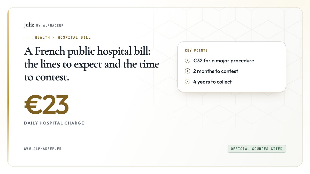 Diagram: a €23 daily hospital charge, €32 for a major procedure, two months to contest the Trésor public notice.