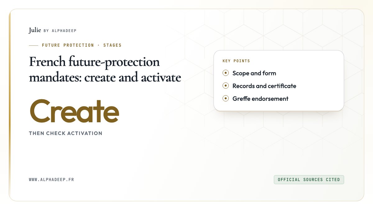 French future-protection mandates: create and activate: Scope and form, Records and certificate, Greffe endorsement