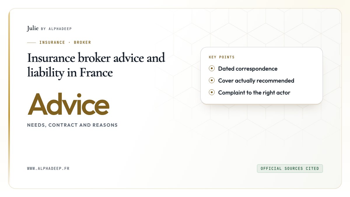 Insurance broker advice and liability in France: Dated correspondence, Cover actually recommended, Complaint to the right actor