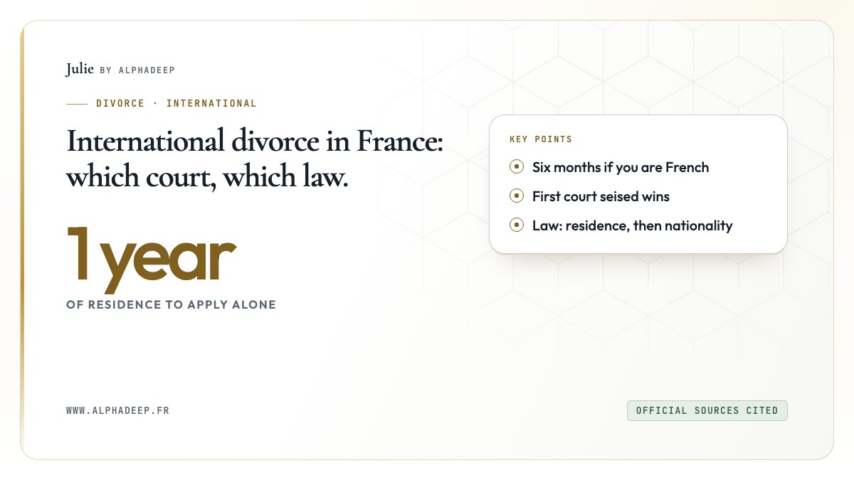 Diagram: a year’s residence to apply alone, six months for a French national, the first court seised wins.