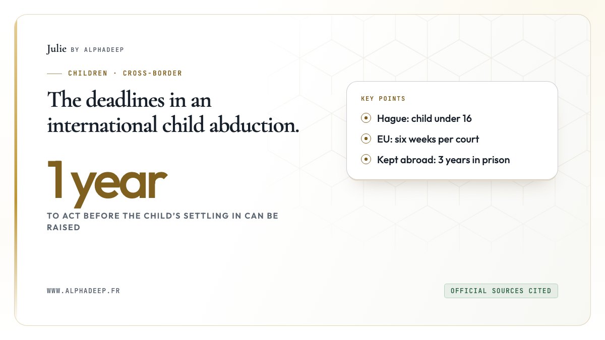 Summary card: one year to act, Hague Convention for under-16s, six weeks per court in the EU.