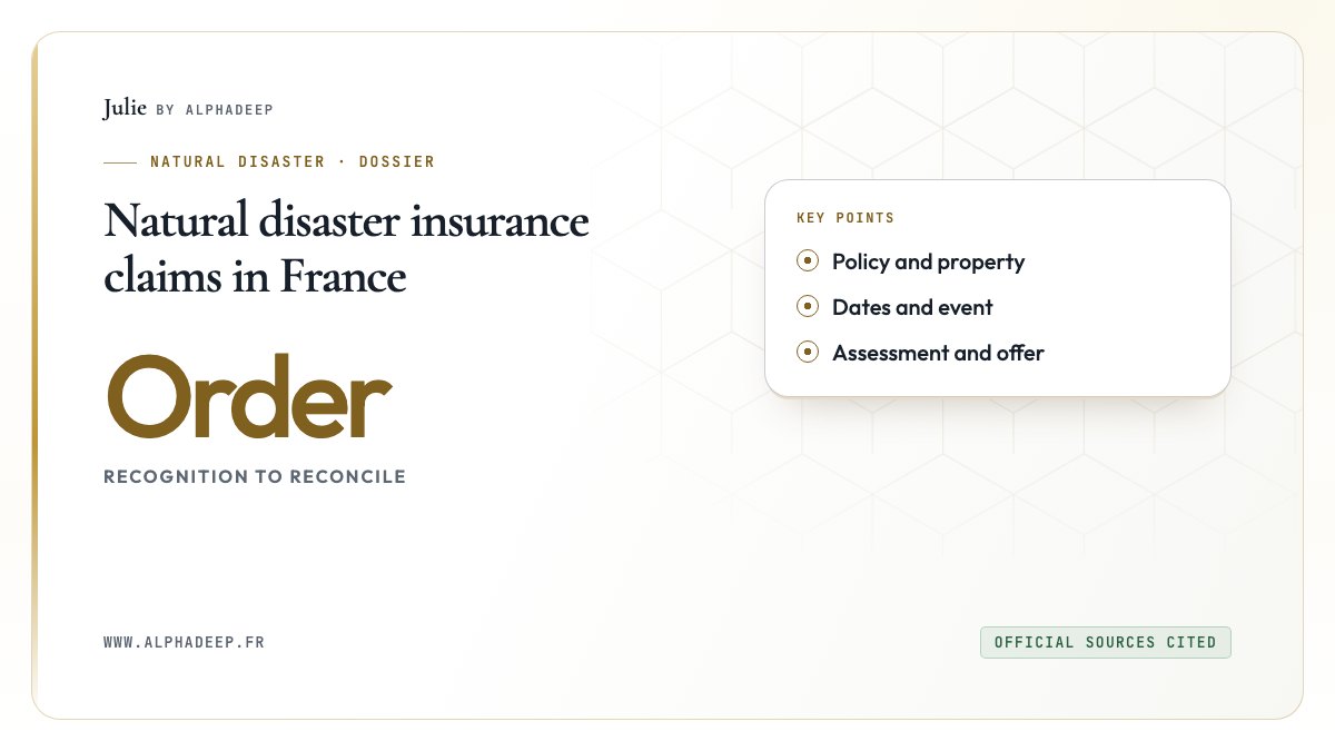 Natural disaster insurance claims in France: Policy and property, Dates and event, Assessment and offer