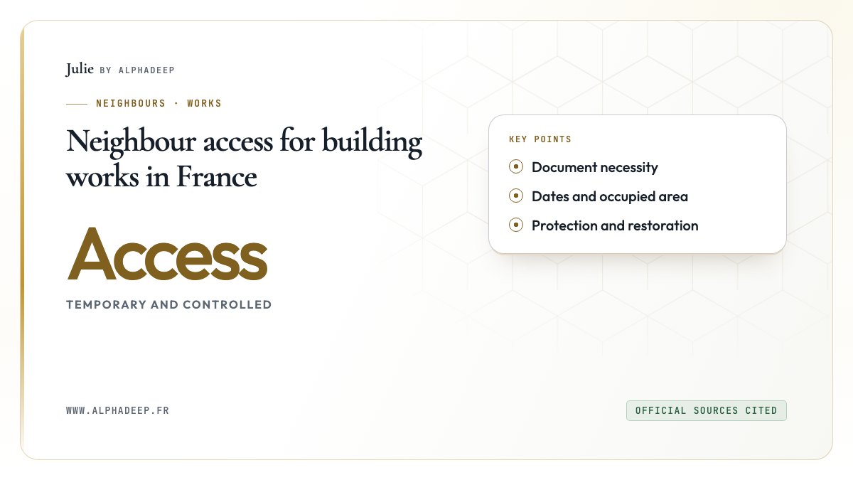 Neighbour access for building works in France: Document necessity, Dates and occupied area, Protection and restoration