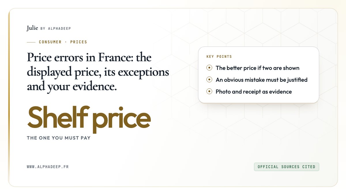 Diagram: the displayed price is owed at the till, an obvious mistake must be justified by the seller, a confirmed online order.