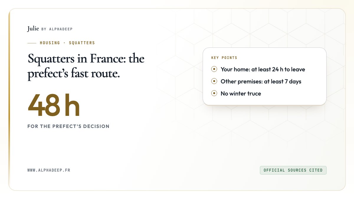 Diagram: the prefect decides within 48 hours, at least 24 hours to leave a home, seven days otherwise, no winter truce.