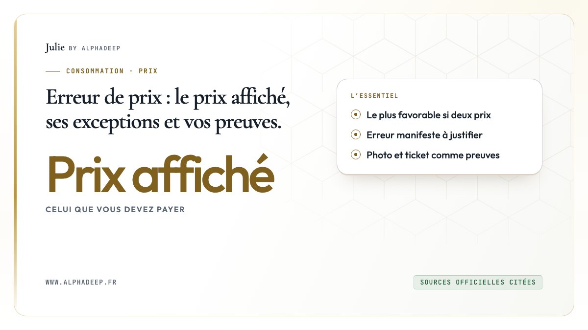 Schéma : prix affiché dû en caisse, erreur manifeste à justifier par le vendeur, commande en ligne confirmée.