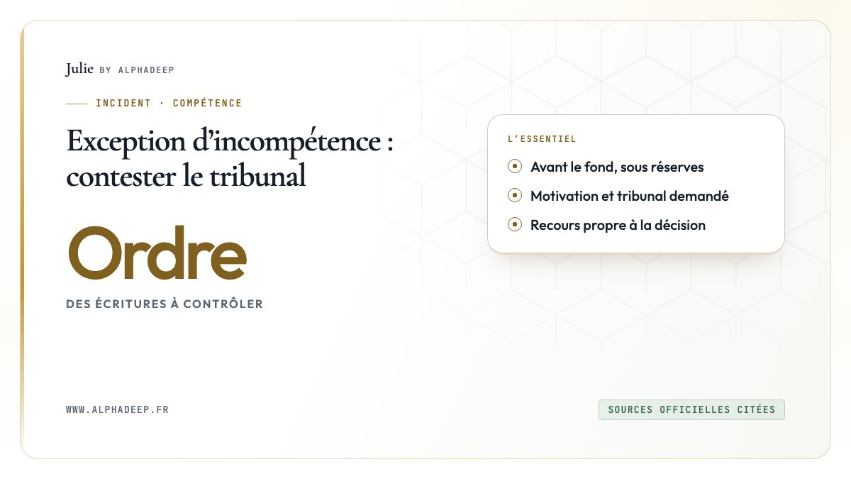 Exception d’incompétence : chronologie, motivation et juridiction demandée.