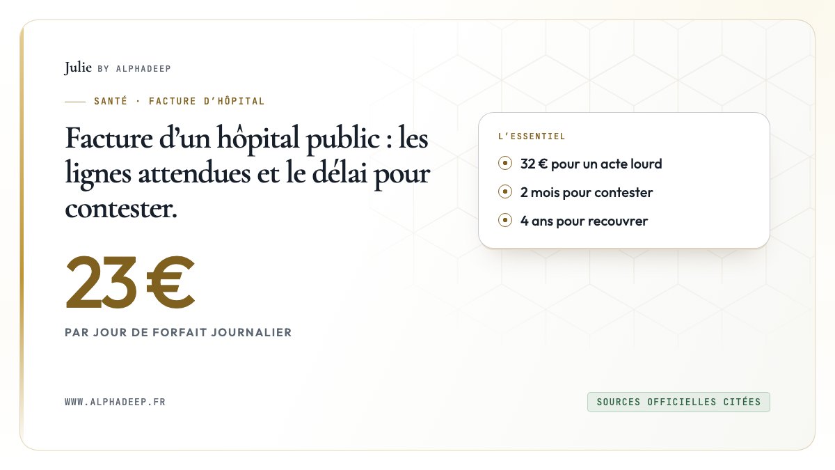 Schéma : forfait journalier de 23 €, acte lourd de 32 €, deux mois pour contester l’avis du Trésor public.