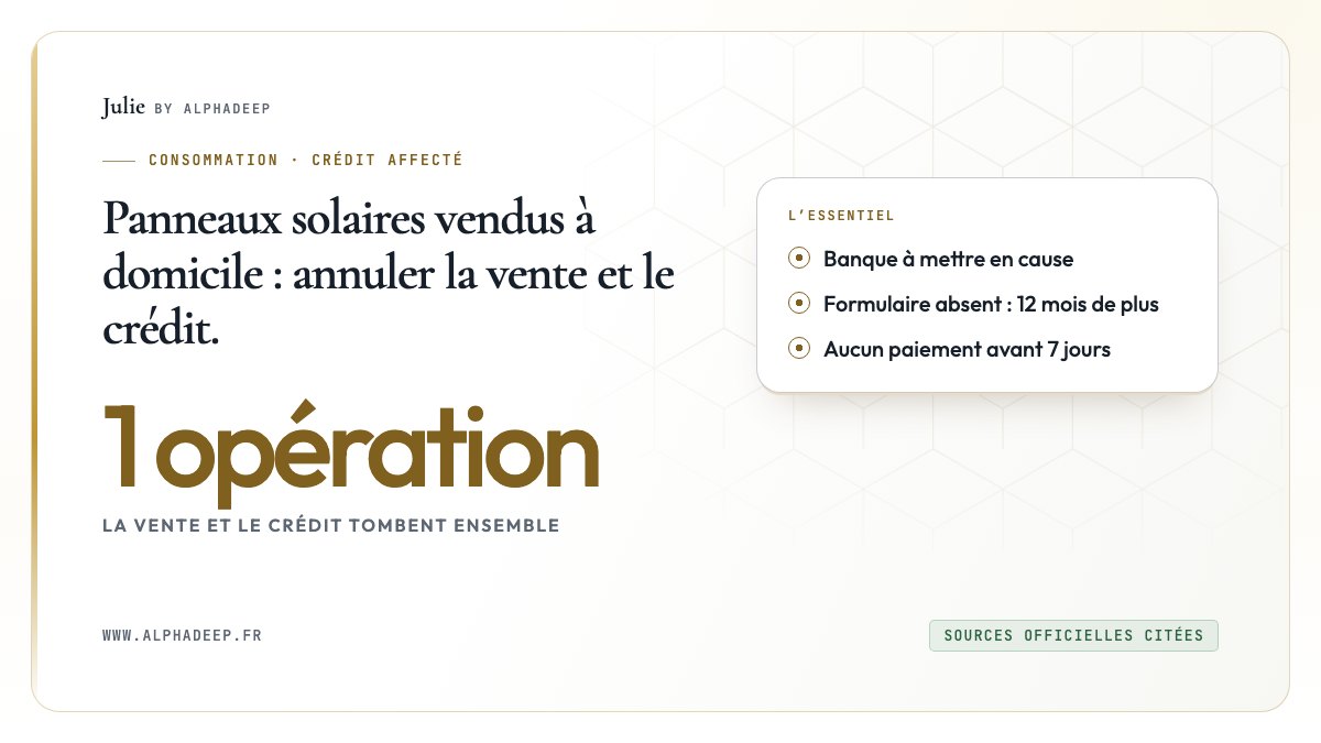 Schéma : vente à domicile et crédit affecté annulés ensemble si la banque est mise en cause, motifs à vérifier sur le bon de commande.