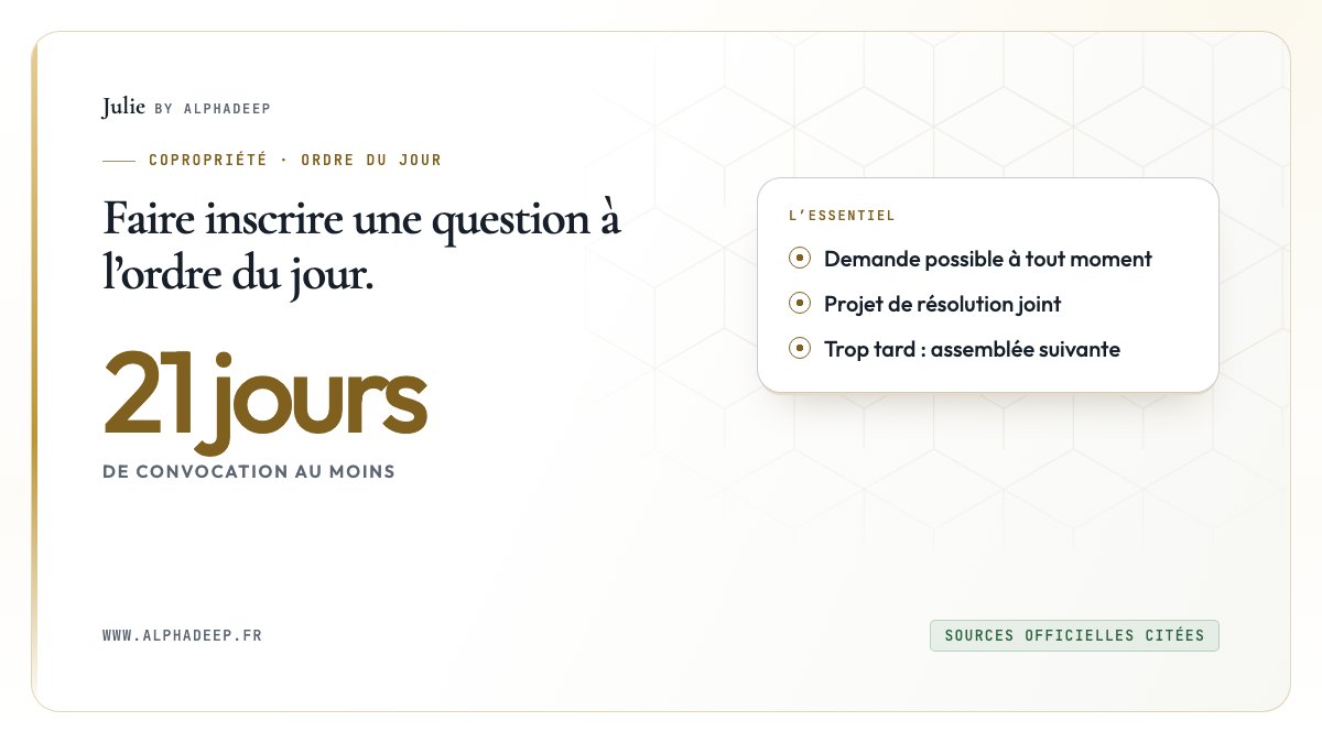 Fiche de synthèse : demande à tout moment, convocation 21 jours avant, projet de résolution joint, sinon assemblée suivante.