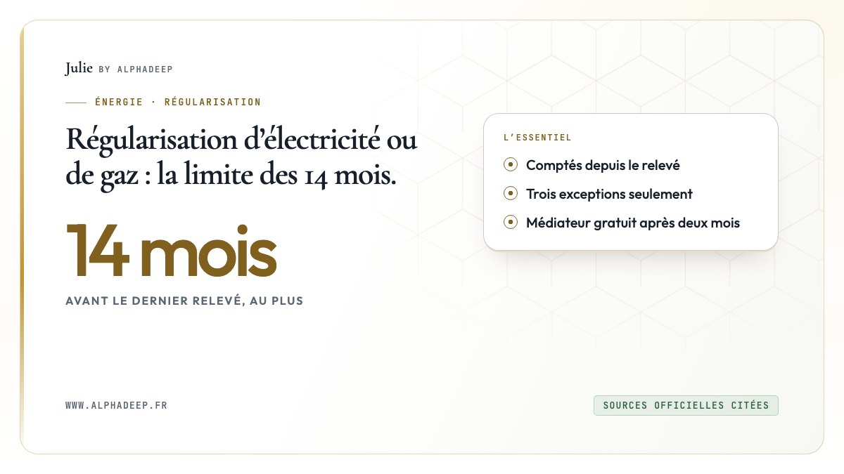 Schéma : 14 mois comptés depuis le dernier relevé, trois exceptions, réclamation puis médiateur.