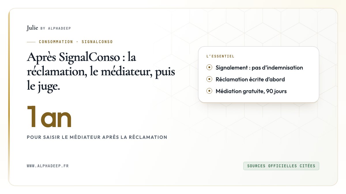 Schéma : signalement, réclamation écrite, médiateur dans l’année, puis juge.