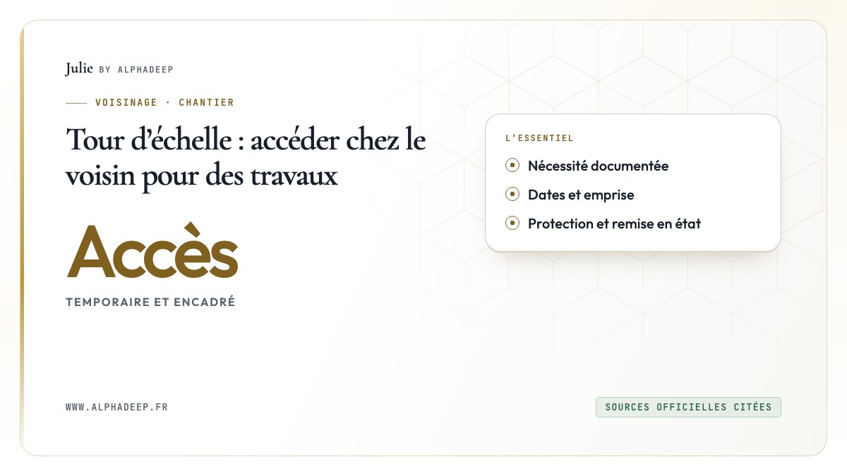Tour d’échelle : accéder chez le voisin pour des travaux: Nécessité documentée, Dates et emprise, Protection et remise en état