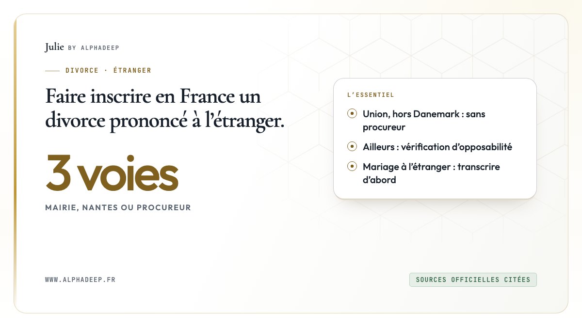 Fiche de synthèse : mairie, Nantes ou procureur selon le pays du divorce et le lieu du mariage.