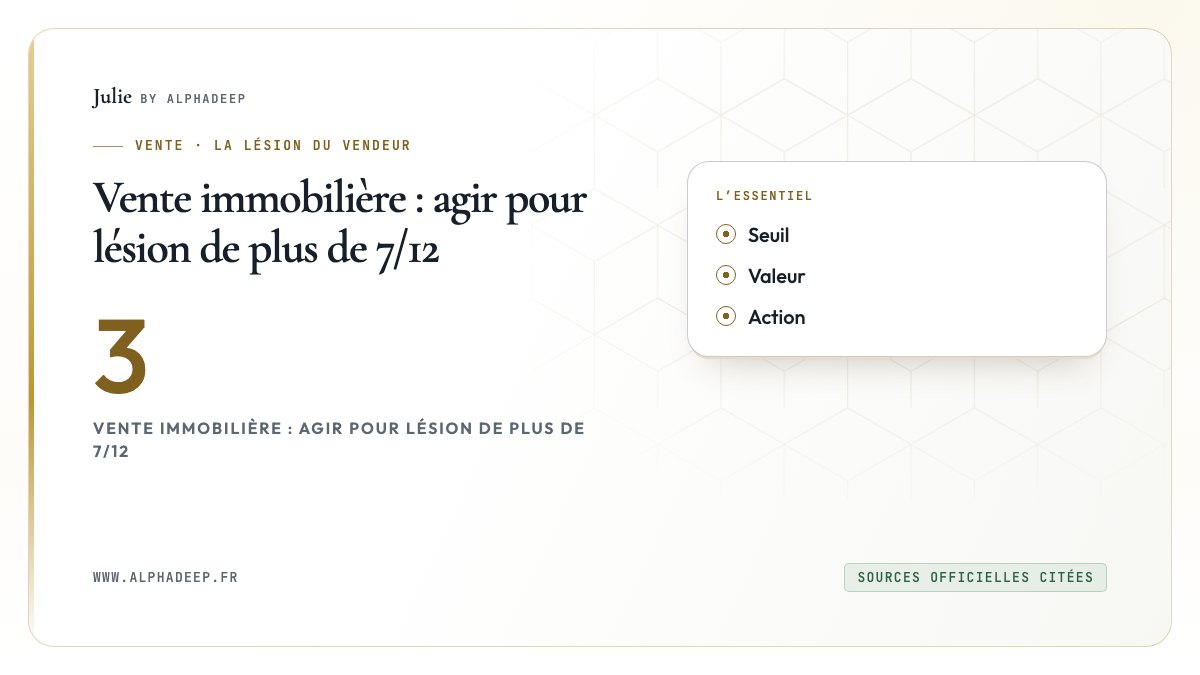 Vente immobilière : agir pour lésion de plus de 7/12: Seuil, Valeur, Action